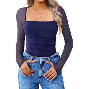 Women's Square Mesh Neck Long Sleeve Bodysuit Shirts Sexy Sheer Navy Blue Tops